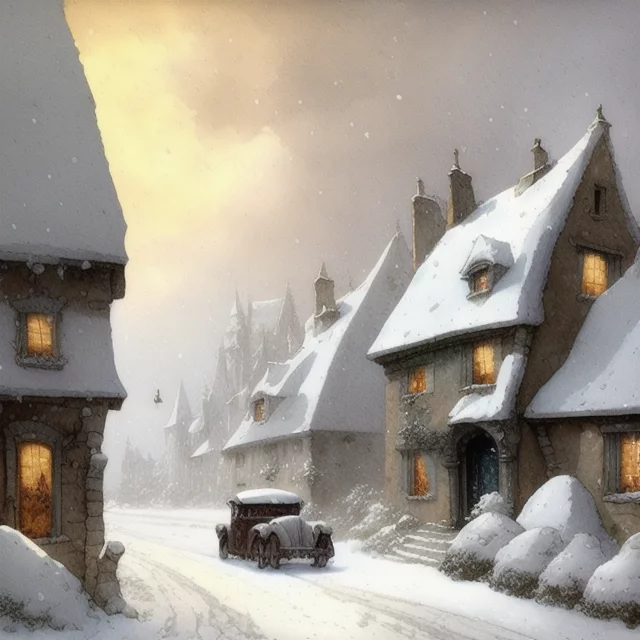 630605862-petites maisons alsaciennes arrondies 1 étage, vielle voiture, tempête de neige, art by Anton Pieck, in the style of ,.webp